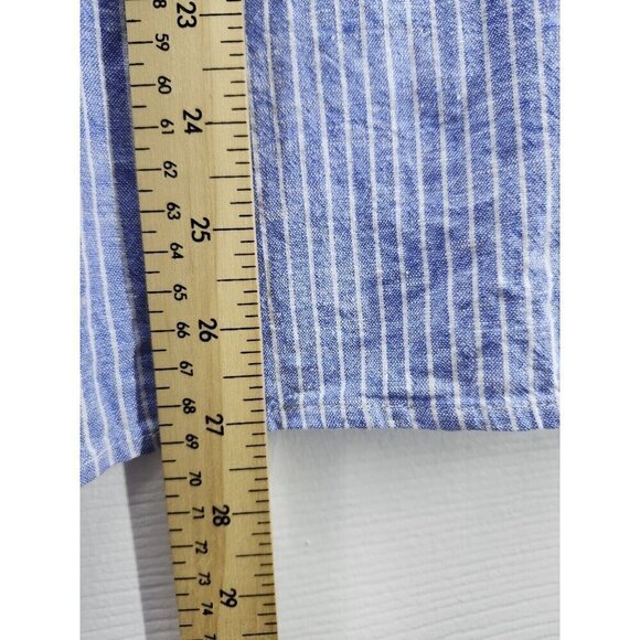 Tahari Blue White Striped Pullover Shirt Roll Tab Sleeves Linen Blend Medium - Picture 7 of 7